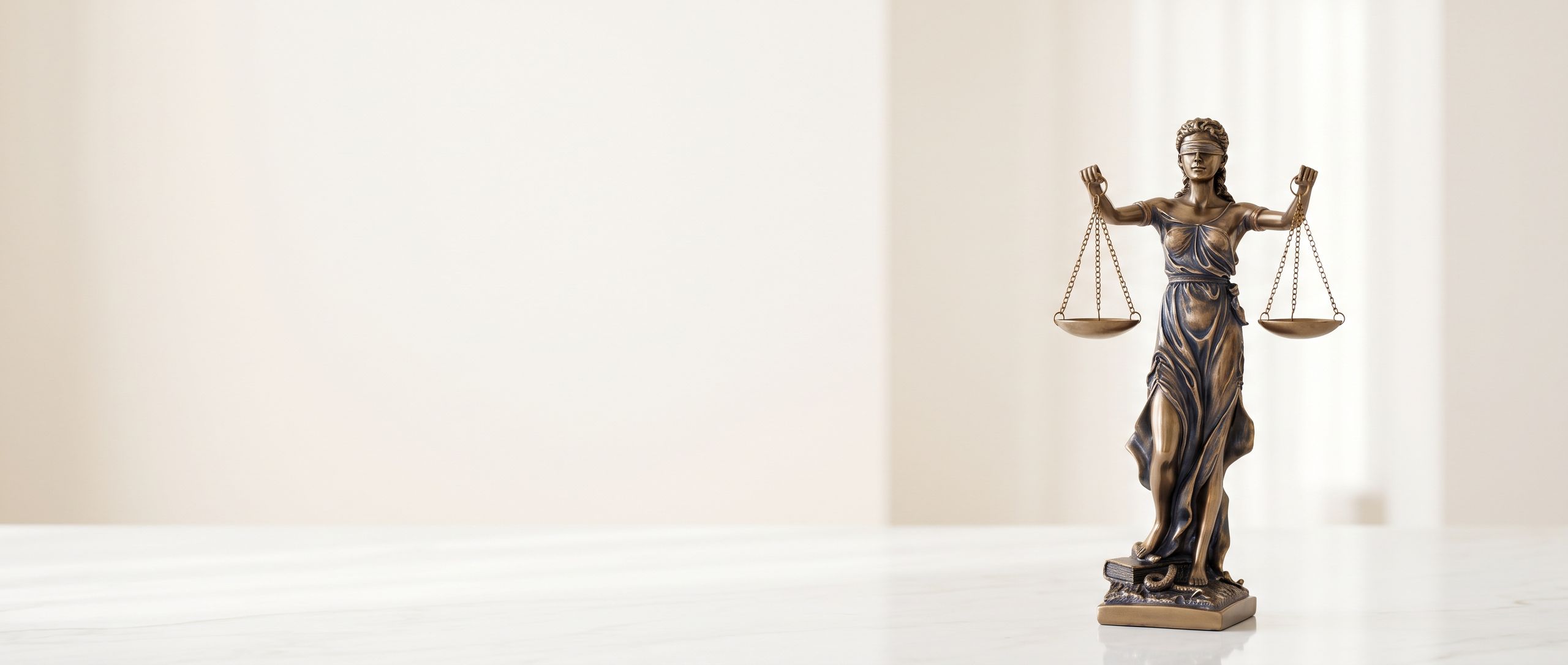 Estátua de Têmis, símbolo da Justiça, sobre mesa com livros jurídicos
